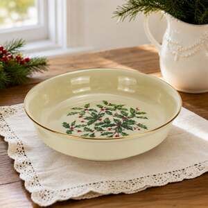 Lenox Holiday Holly Berry 8” Coupe Bowl Gold Trim Made in USA